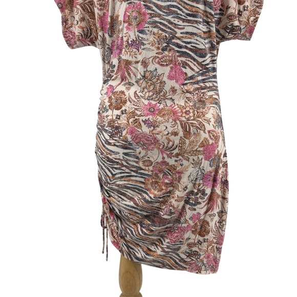 NWT Anthropologie Daily Practice Short Ruched Dress in Brown Motif Size Large - Picture 7 of 11